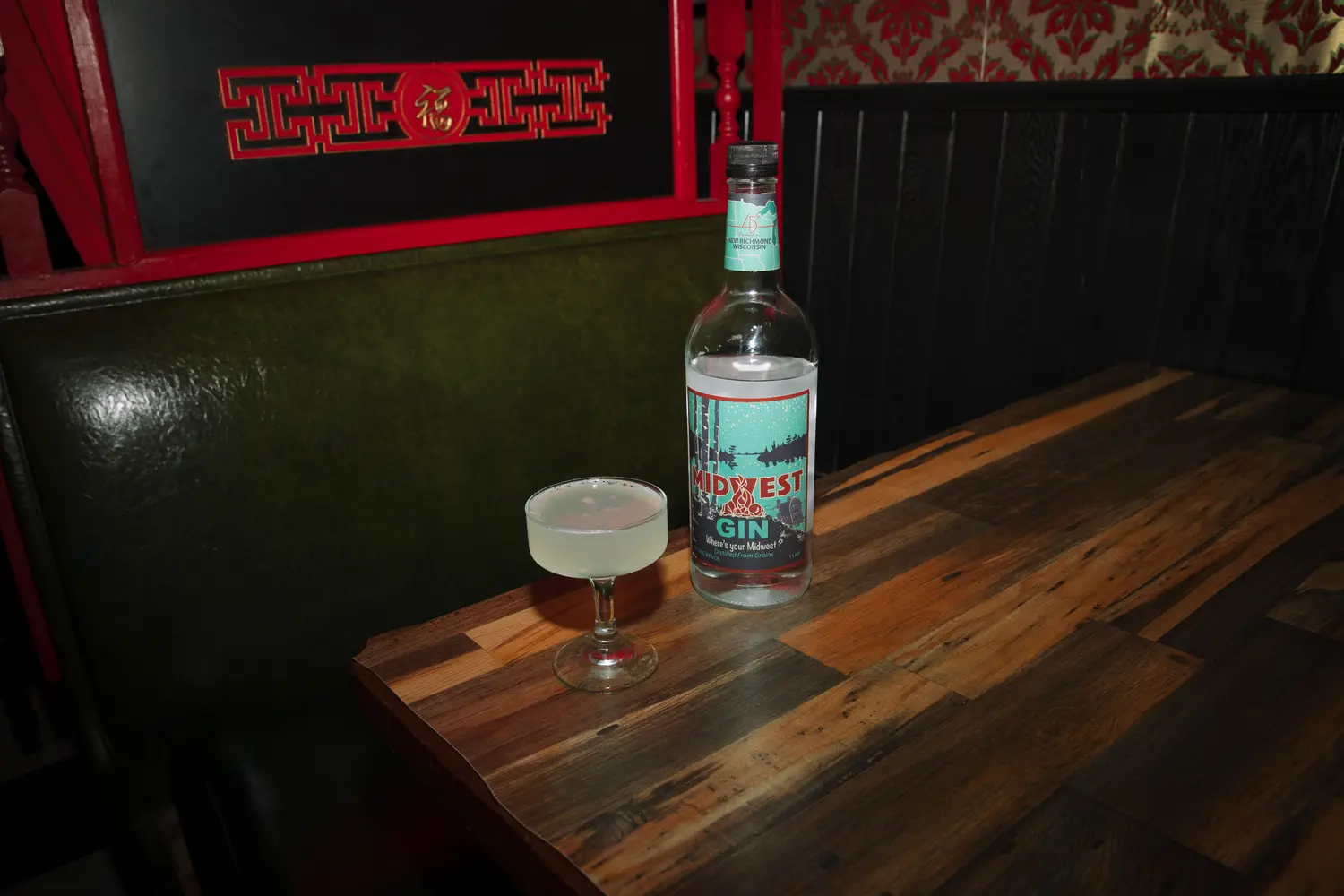 Jade Fountain Cocktail Lounge in Duluth Minnesota, serving 45th Parallel Distillery Midwest Gin in a Gimlet Cocktail.