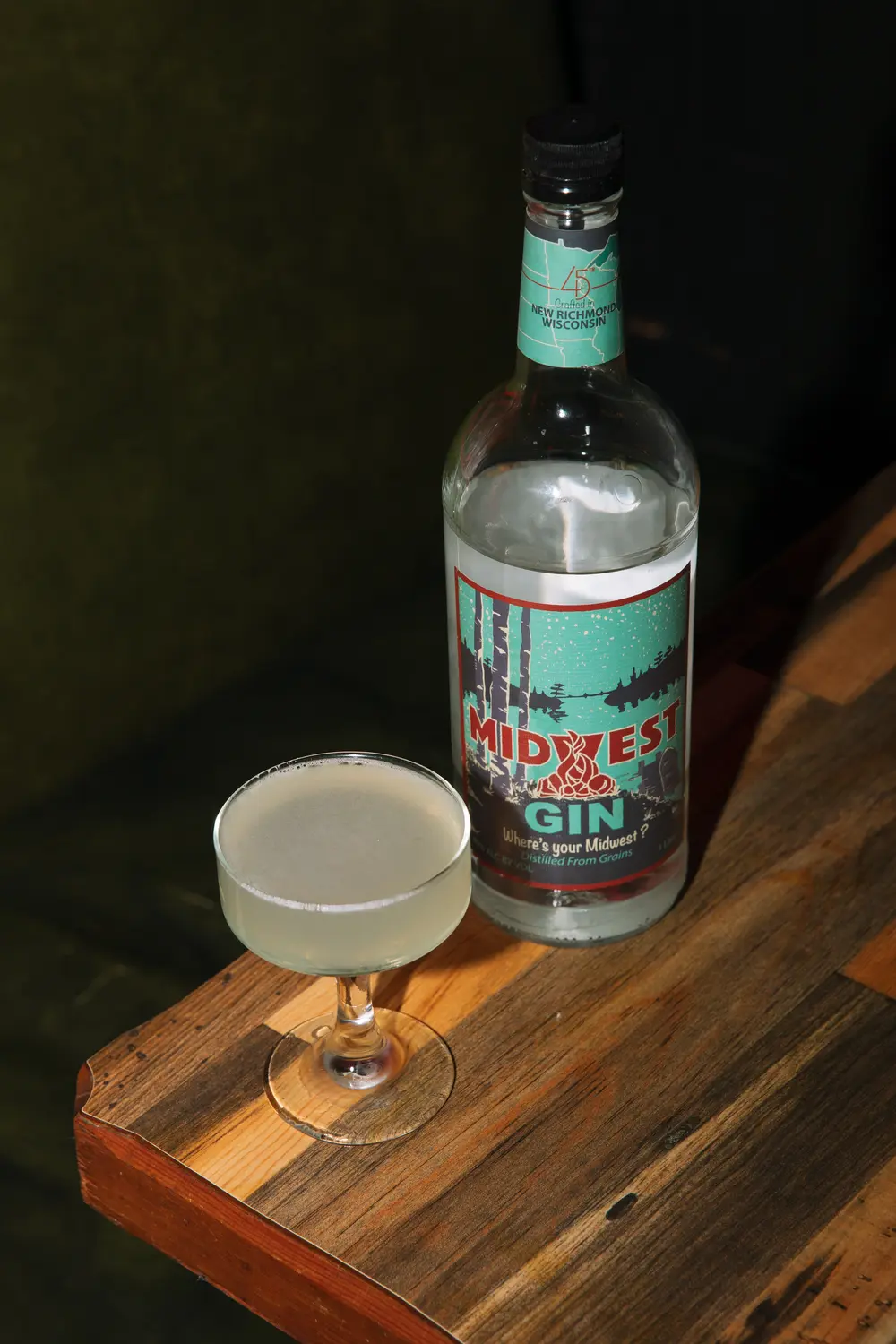 Jade Fountain Cocktail Lounge in Duluth Minnesota, serving 45th Parallel Distillery Midwest Gin in a Gimlet Cocktail.