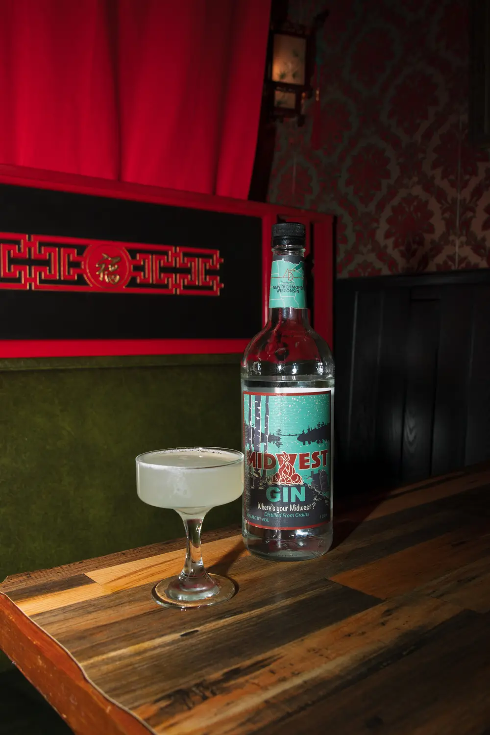 Jade Fountain Cocktail Lounge in Duluth Minnesota, serving 45th Parallel Distillery Midwest Gin in a Gimlet Cocktail.